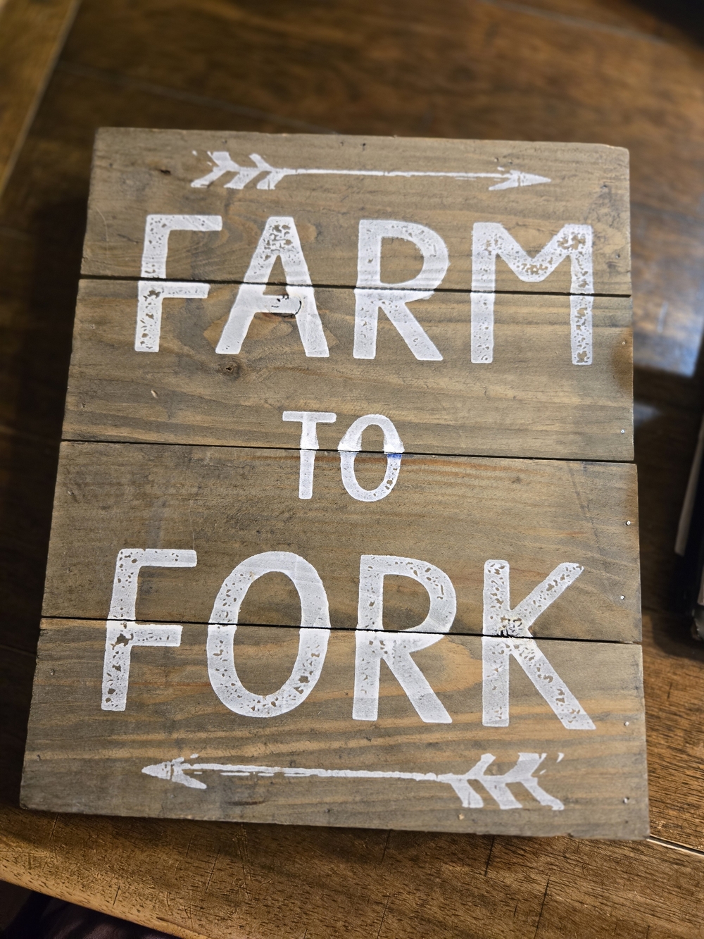Rustic Farm to Fork Wood Wall Sign - White on Brown